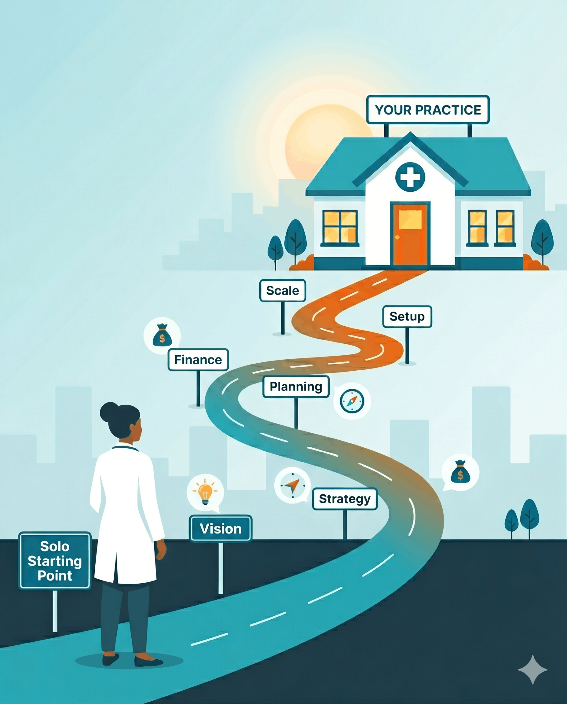 Practice Path Advisors illustration: a physician at the Solo Starting Point with a winding road that passes Vision, Strategy, Planning, Setup, and Scale milestones and leads up to a welcoming Your Practice clinic at the top